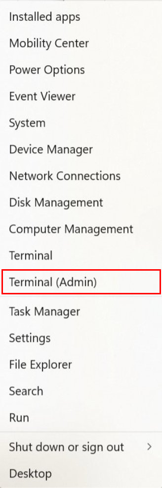 Right-click the Start button and select Terminal (Admin)